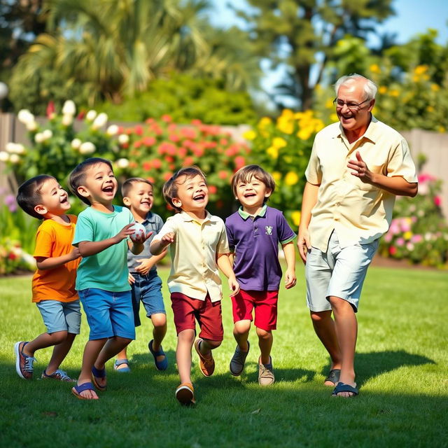 A heartwarming family scene depicting four brothers and their father, all joyfully playing together in a sunny backyard