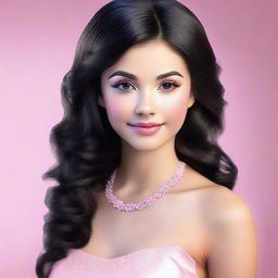 A vibrant, high-quality digital art image displaying a teenage girl with black hair, adorned with a natural light pink makeup look for prom