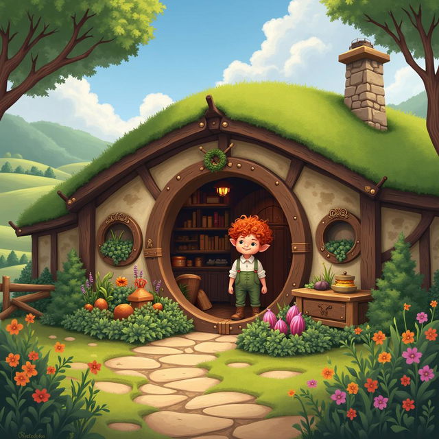 A heartwarming scene of a halfling living happily in a cozy, picturesque hobbit hole