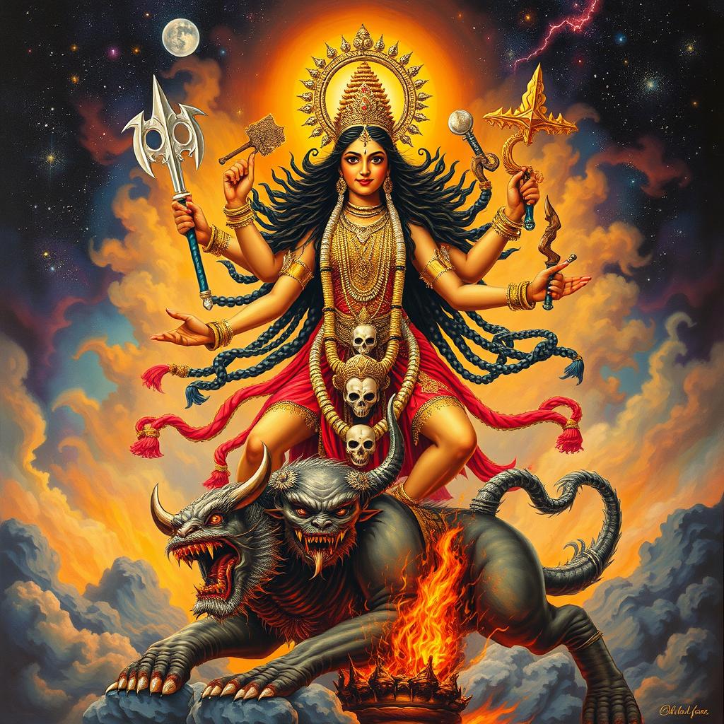 An artistic representation of Kali, the Hindu goddess, depicted in her traditional form with a fierce expression, multiple arms holding various weapons, adorned with a necklace of skulls, standing triumphantly on a demon, surrounded by a cosmic backdrop with stars and celestial elements, embodying power and destruction