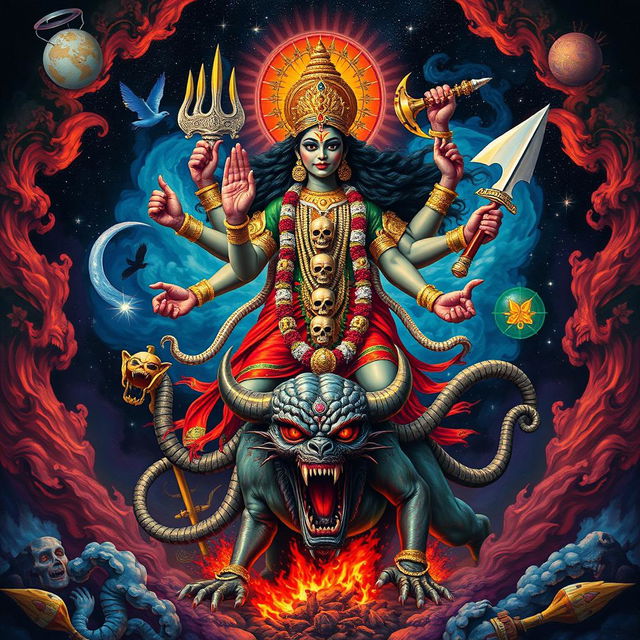 An artistic representation of Kali, the Hindu goddess, depicted in her traditional form with a fierce expression, multiple arms holding various weapons, adorned with a necklace of skulls, standing triumphantly on a demon, surrounded by a cosmic backdrop with stars and celestial elements, embodying power and destruction