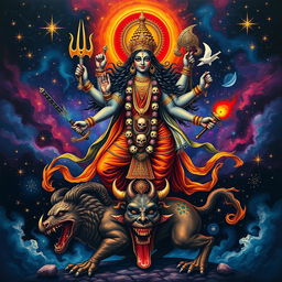 An artistic representation of Kali, the Hindu goddess, depicted in her traditional form with a fierce expression, multiple arms holding various weapons, adorned with a necklace of skulls, standing triumphantly on a demon, surrounded by a cosmic backdrop with stars and celestial elements, embodying power and destruction