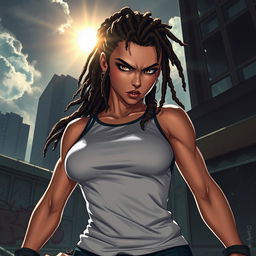 A powerful female action character with dreadlocks, wearing a sleek and stylish tank top