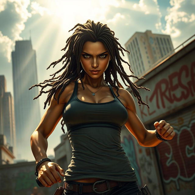 A powerful female action character with dreadlocks, wearing a sleek and stylish tank top