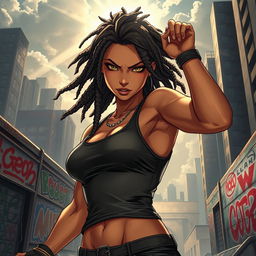 A powerful female action character with dreadlocks, wearing a sleek and stylish tank top