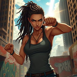 A powerful female action character with dreadlocks, wearing a sleek and stylish tank top