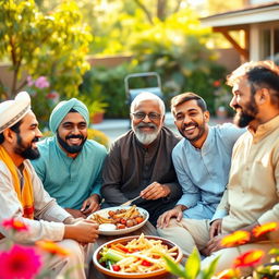 A vibrant and lively scene depicting a family gathering with four brothers and their father, all seated together in a sunny, cheerful backyard