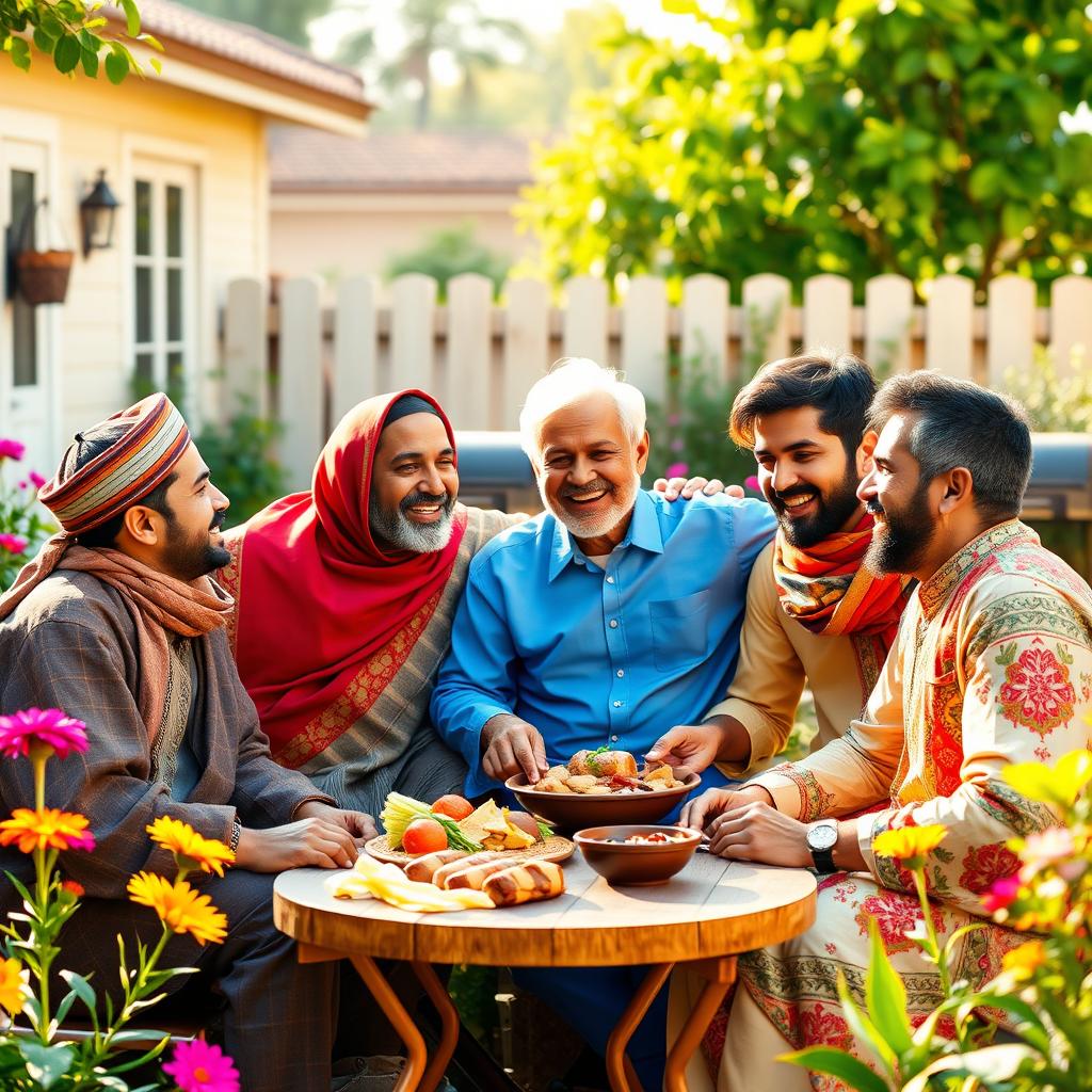 A vibrant and lively scene depicting a family gathering with four brothers and their father, all seated together in a sunny, cheerful backyard