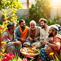 A vibrant and lively scene depicting a family gathering with four brothers and their father, all seated together in a sunny, cheerful backyard