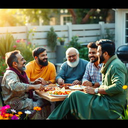 A vibrant and lively scene depicting a family gathering with four brothers and their father, all seated together in a sunny, cheerful backyard