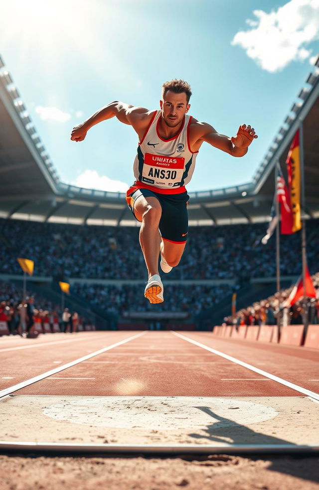 A dynamic and thrilling long jump scene capturing an athlete in mid-air during their jump, showcasing perfect technique and muscular form