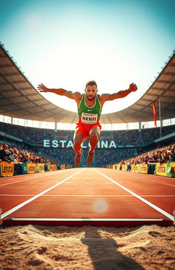 A dynamic and thrilling long jump scene capturing an athlete in mid-air during their jump, showcasing perfect technique and muscular form