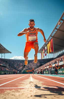 A dynamic and thrilling long jump scene capturing an athlete in mid-air during their jump, showcasing perfect technique and muscular form