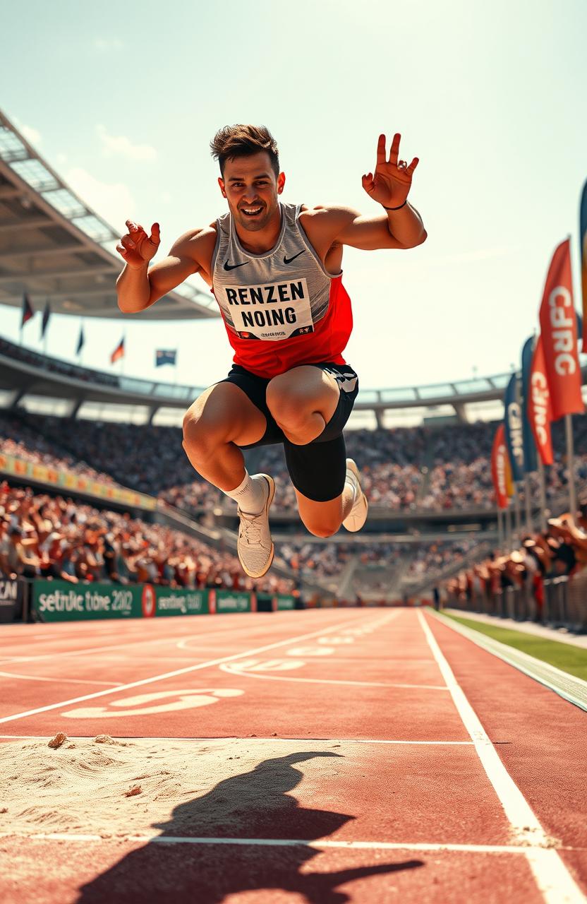 A dynamic and thrilling long jump scene capturing an athlete in mid-air during their jump, showcasing perfect technique and muscular form