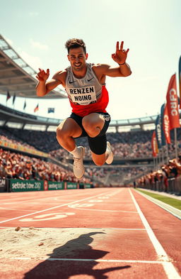 A dynamic and thrilling long jump scene capturing an athlete in mid-air during their jump, showcasing perfect technique and muscular form