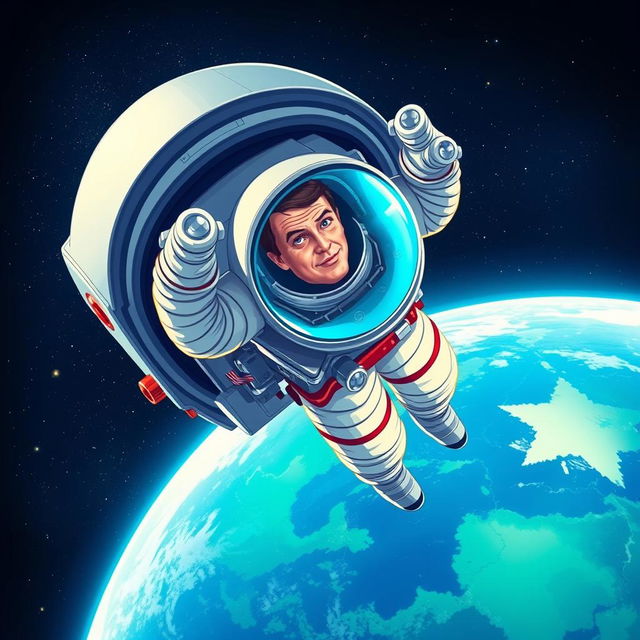 A dynamic illustration of John Glenn, the pioneering astronaut, orbiting Earth in a classic spacecraft