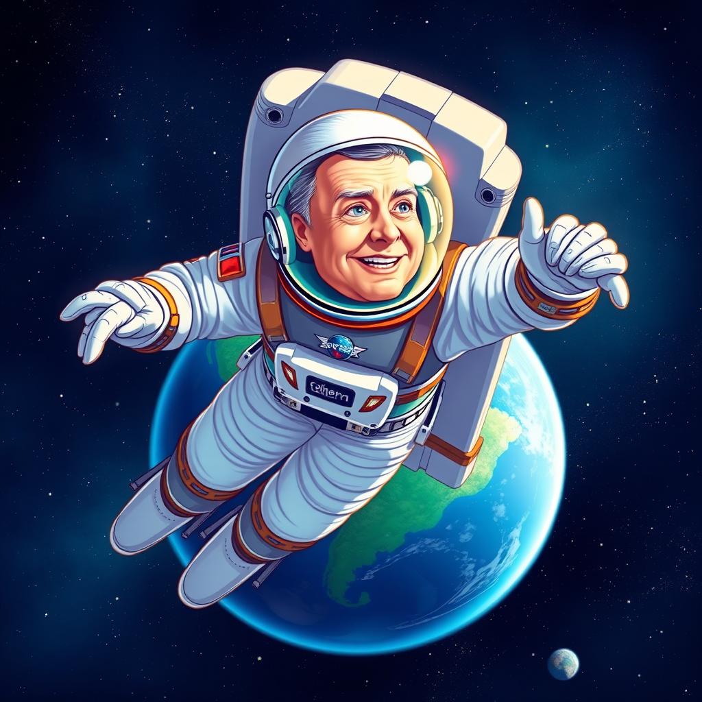 A dynamic illustration of John Glenn, the pioneering astronaut, orbiting Earth in a classic spacecraft