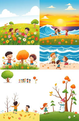 A cheerful and vibrant illustration of children enjoying various seasons and weather conditions