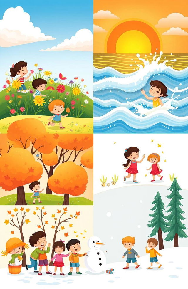 A cheerful and vibrant illustration of children enjoying various seasons and weather conditions