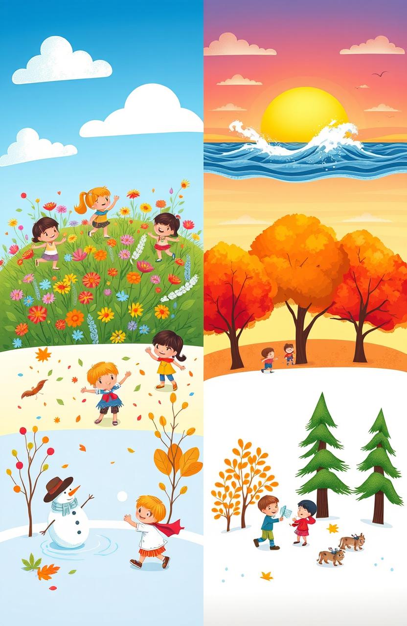 A cheerful and vibrant illustration of children enjoying various seasons and weather conditions
