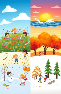 A cheerful and vibrant illustration of children enjoying various seasons and weather conditions