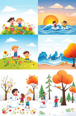 A cheerful and vibrant illustration of children enjoying various seasons and weather conditions