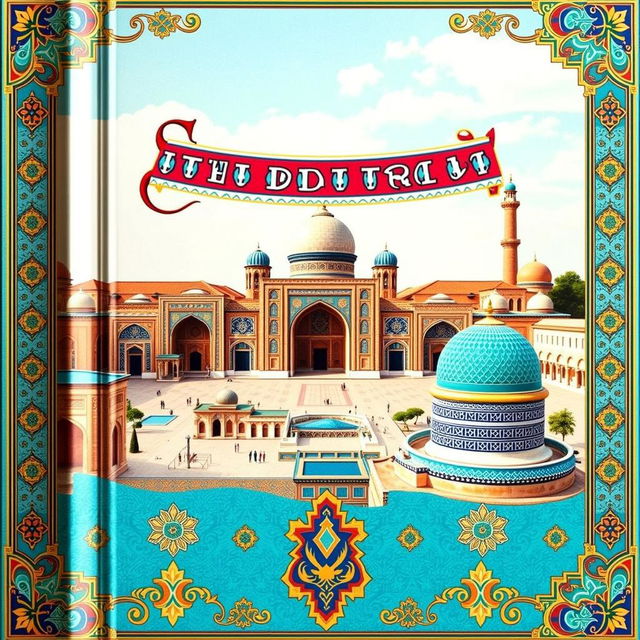 A picturesque architectural scene featuring a beautiful historical city, reminiscent of Samarkand, with intricate tiled mosques, colorful domes, and vibrant traditional patterns