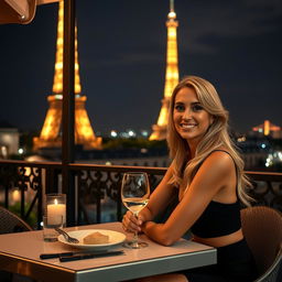 Clara, a stunning blonde woman with tanned skin, seated at a terrace table in a luxurious restaurant in Paris, offering a spectacular view of the illuminated Eiffel Tower