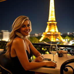 Clara, a stunning blonde woman with tanned skin, seated at a terrace table in a luxurious restaurant in Paris, offering a spectacular view of the illuminated Eiffel Tower