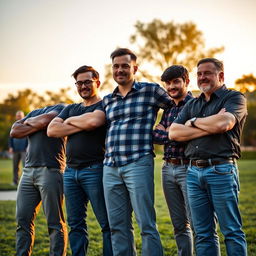 A dramatic scene depicting a group of four brothers standing strong together, their father watching proudly from a distance