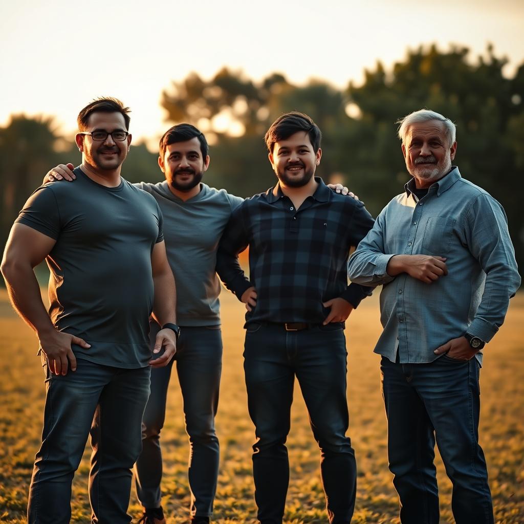 A dramatic scene depicting a group of four brothers standing strong together, their father watching proudly from a distance