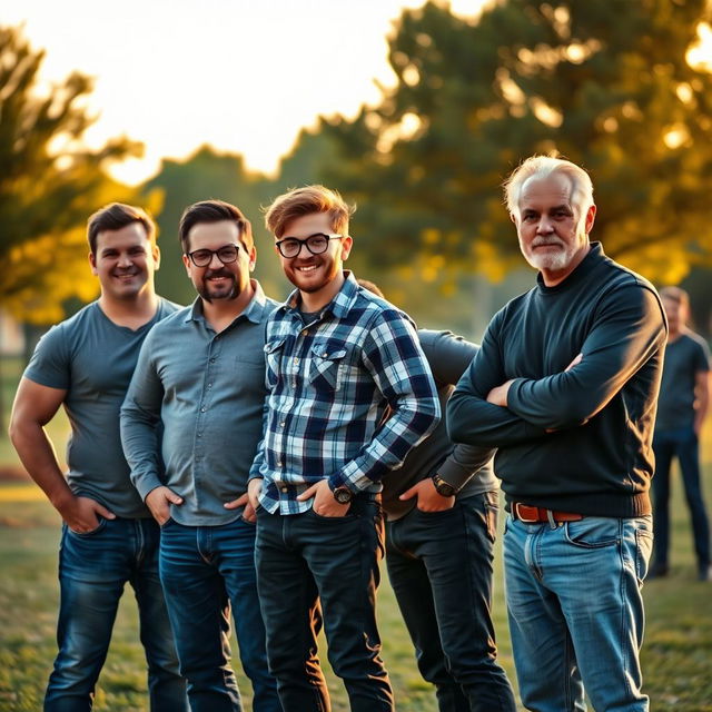 A dramatic scene depicting a group of four brothers standing strong together, their father watching proudly from a distance