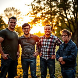 A dramatic scene depicting a group of four brothers standing strong together, their father watching proudly from a distance
