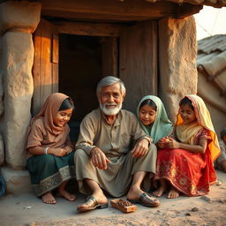 A poor cobbler sitting outside his small, humble shop, with five daughters around him