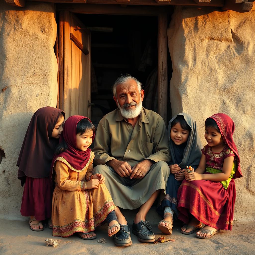 A poor cobbler sitting outside his small, humble shop, with five daughters around him