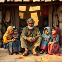 A poor cobbler sitting outside his small, humble shop, with five daughters around him