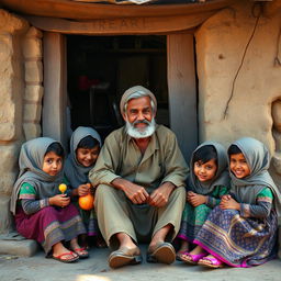 A poor cobbler sitting outside his small, humble shop, with five daughters around him
