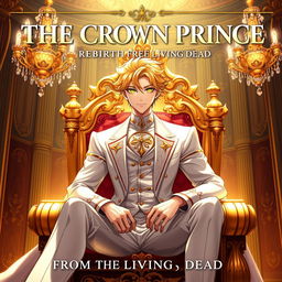 A stunning two-dimensional anime-style illustration of a striking young man with golden eyes and golden hair seated on a luxurious throne in an ornate royal hall