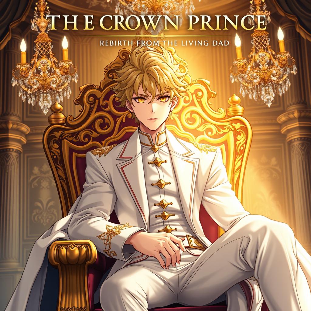 A stunning two-dimensional anime-style illustration of a striking young man with golden eyes and golden hair seated on a luxurious throne in an ornate royal hall