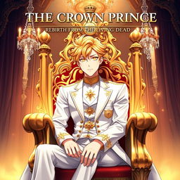 A stunning two-dimensional anime-style illustration of a striking young man with golden eyes and golden hair seated on a luxurious throne in an ornate royal hall