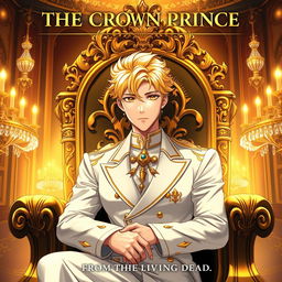 A stunning two-dimensional anime-style illustration of a striking young man with golden eyes and golden hair seated on a luxurious throne in an ornate royal hall