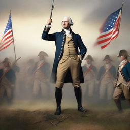 An attention-grabbing digital art YouTube thumbnail featuring George Washington in the thick of the Revolutionary War