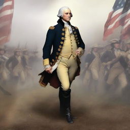 An attention-grabbing digital art YouTube thumbnail featuring George Washington in the thick of the Revolutionary War