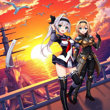 A dynamic and vibrant illustration of characters from Azur Lane, showcasing two shipgirls in their iconic military outfits posing confidently on a battleship deck at sunset