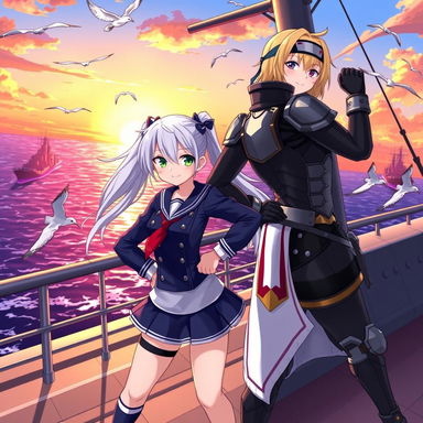 A dynamic and vibrant illustration of characters from Azur Lane, showcasing two shipgirls in their iconic military outfits posing confidently on a battleship deck at sunset