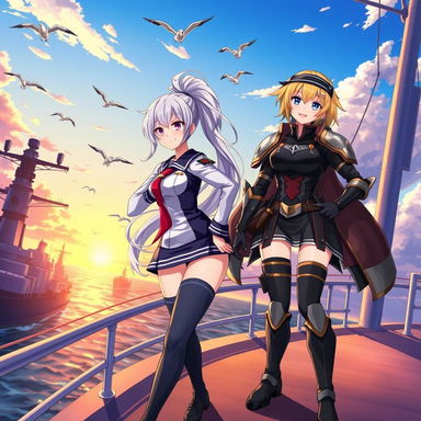 A dynamic and vibrant illustration of characters from Azur Lane, showcasing two shipgirls in their iconic military outfits posing confidently on a battleship deck at sunset