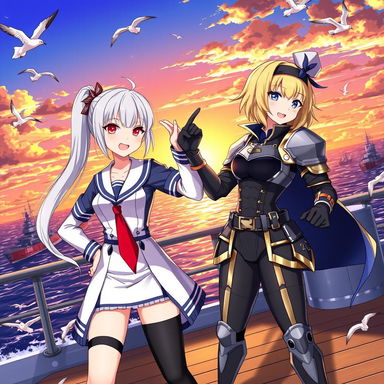 A dynamic and vibrant illustration of characters from Azur Lane, showcasing two shipgirls in their iconic military outfits posing confidently on a battleship deck at sunset