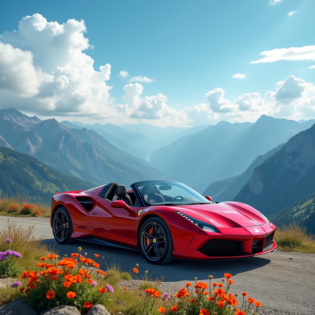 A stunning red sports car parked gracefully at the edge of a majestic mountain overlook, with sweeping panoramic views of valleys and peaks in the background