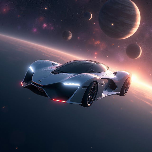 A futuristic flying car soaring through the vastness of space, surrounded by shimmering stars and colorful nebulae