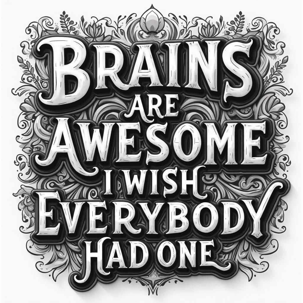 A wall graffiti quote that reads 'BRAINS ARE AWESOME I WISH EVERYBODY HAD ONE' designed in a hyper old and futuristic lettering style, reminiscent of elegant calligraphy